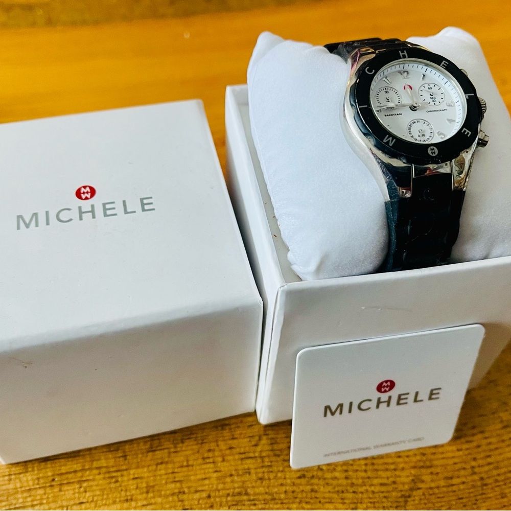 Michele Jelly Bean Watch in Black and Silver with Chronograph Features